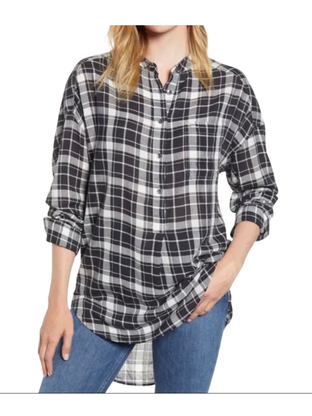 ALEX MILL Plaid Black and White Popover Tunic Button Down Shirt Size S